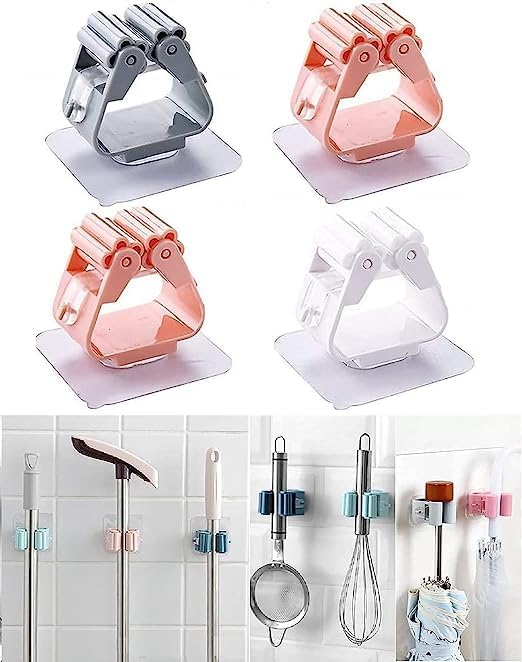 Plastic Mop Holder Wall Mounted Self Adhesive Broom Stick Holder (Pack of 3)