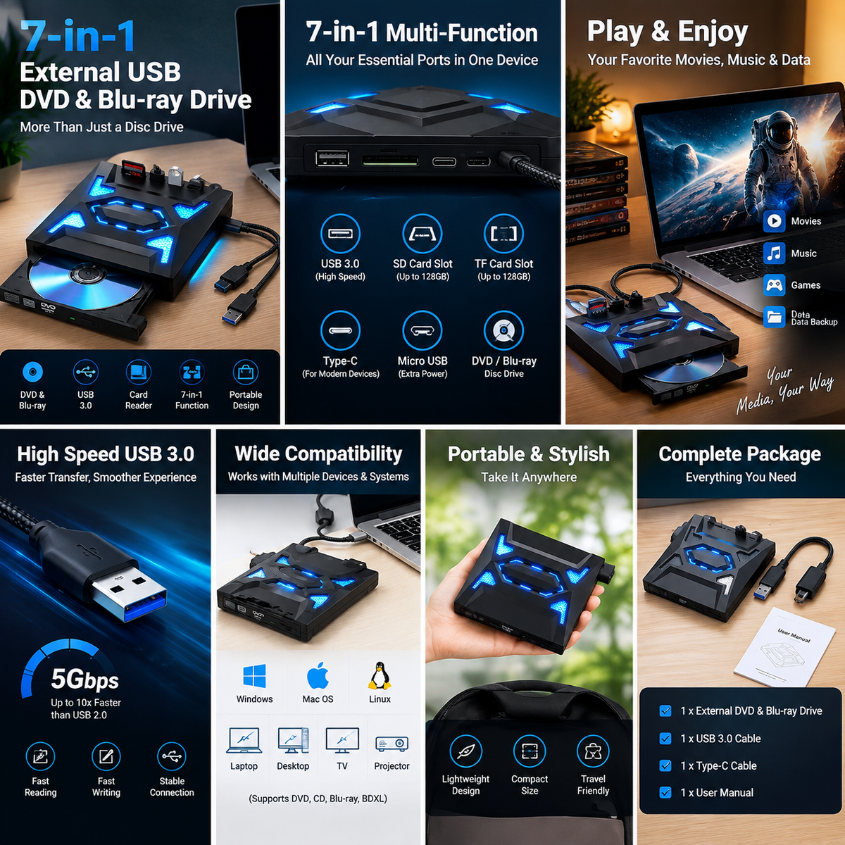 🔥MultiDrive 7-in-1 USB DVD & Blu-ray Drive (Buy 1 Get 1 Free)