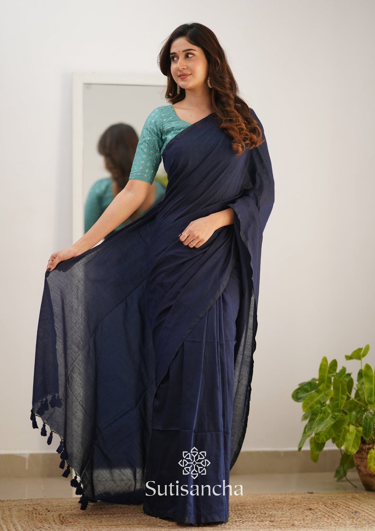 Sutisancha Navyblue Handloom Cotton Saree with Designer Blouse