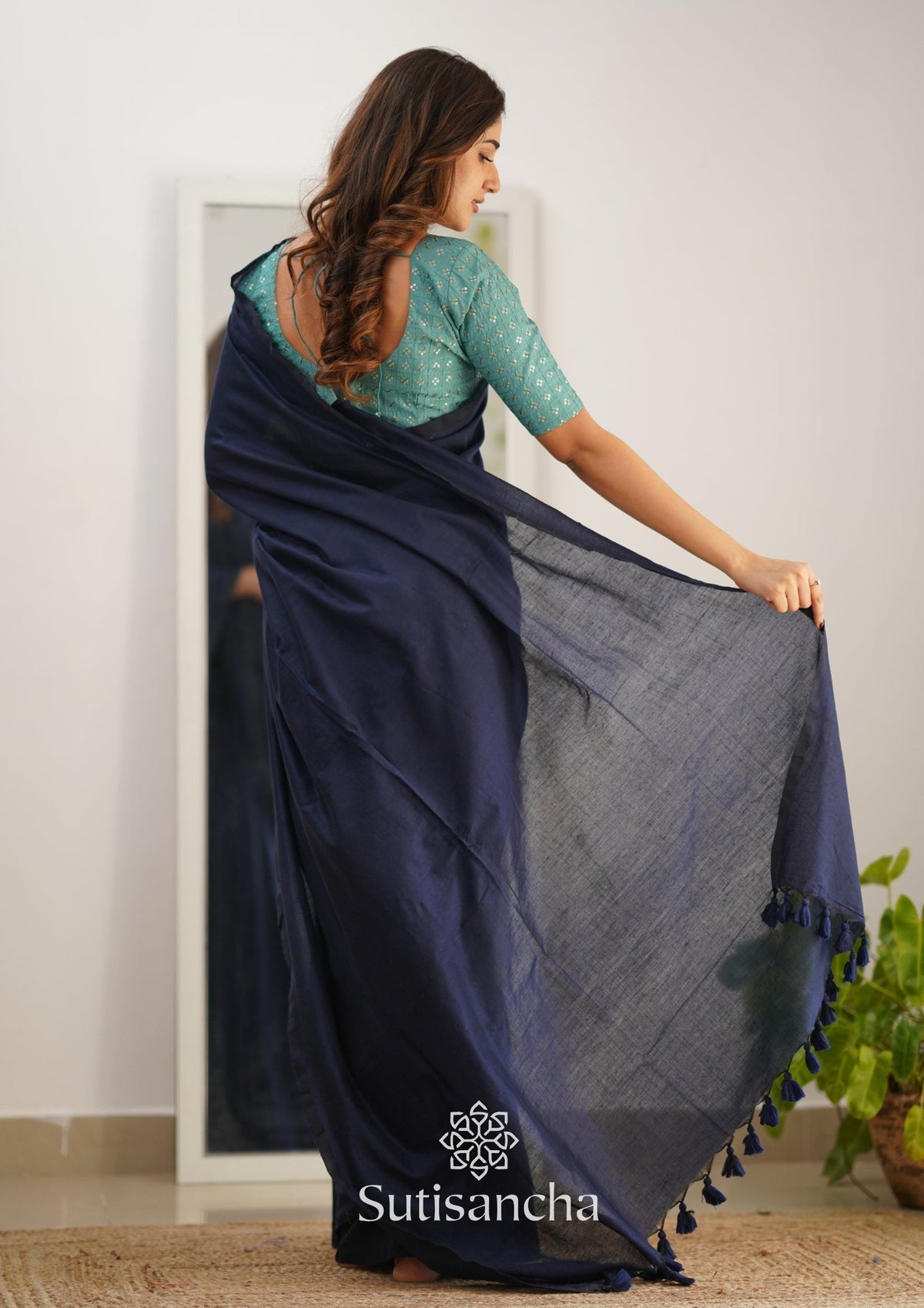Sutisancha Navyblue Handloom Cotton Saree with Designer Blouse