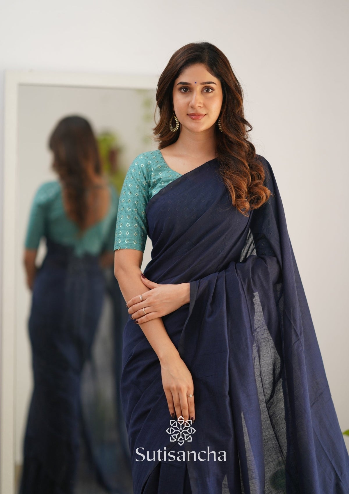 Sutisancha Navyblue Handloom Cotton Saree with Designer Blouse