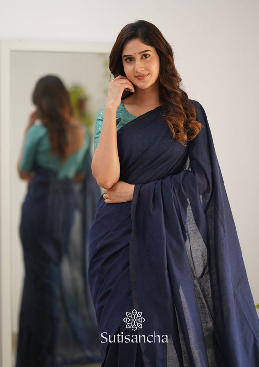 Sutisancha Navyblue Handloom Cotton Saree with Designer Blouse